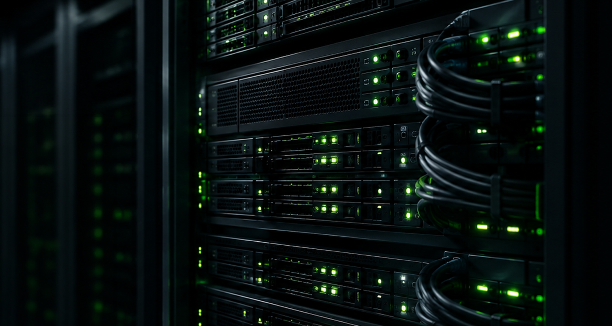 PROMPT: server rack in dark data center, glowing green LEDs, clean cables, professional hosting infrastructure, dark moody lighting, shallow depth of field, tech aesthetic